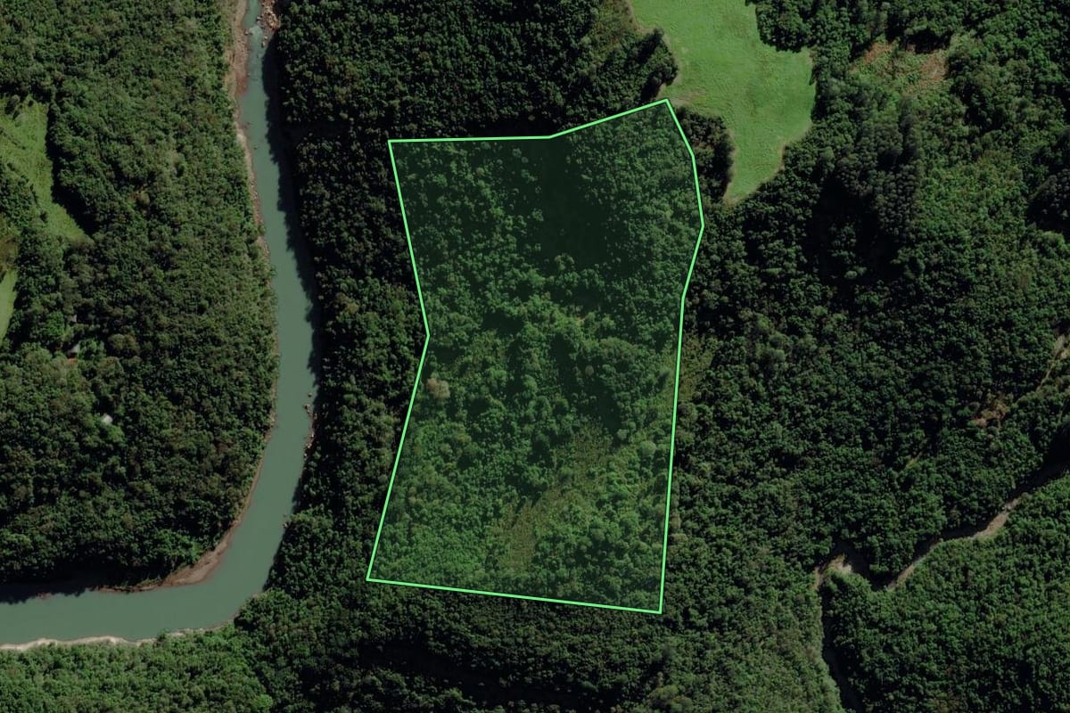 Imagem de satélite do imóvel rural em Putinga (RS), com o contorno declarado no CAR desenhado por cima.