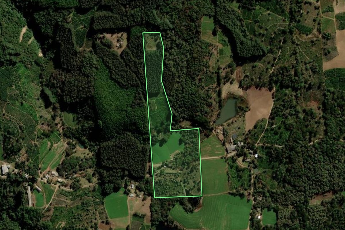 Imagem de satélite do imóvel rural em Putinga (RS), com o contorno declarado no CAR desenhado por cima.