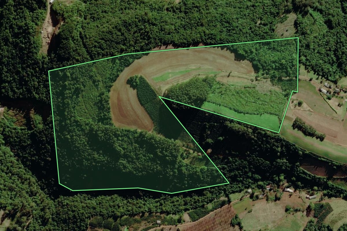 Imagem de satélite do imóvel rural em Putinga (RS), com o contorno declarado no CAR desenhado por cima.