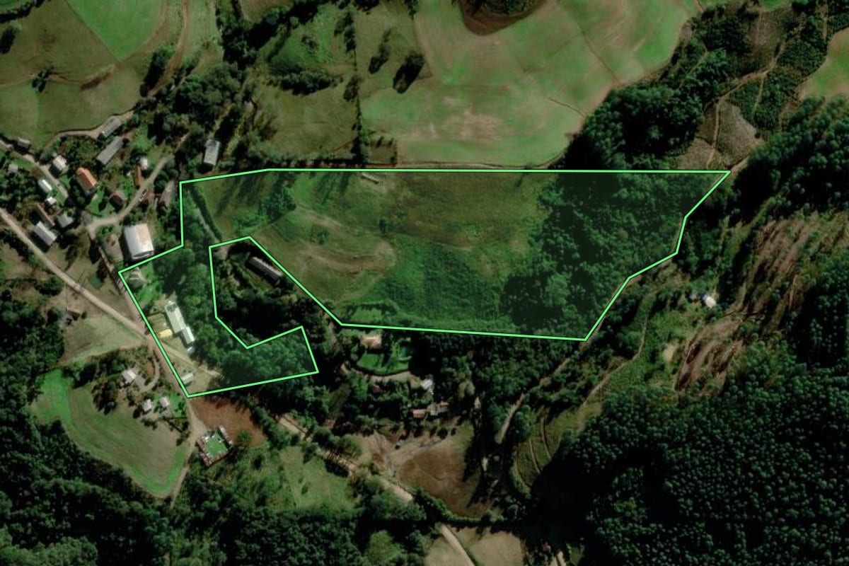 Imagem de satélite do imóvel rural em Putinga (RS), com o contorno declarado no CAR desenhado por cima.