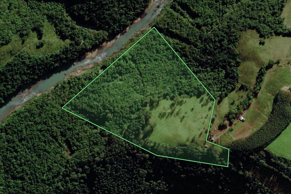 Imagem de satélite do imóvel rural em Putinga (RS), com o contorno declarado no CAR desenhado por cima.