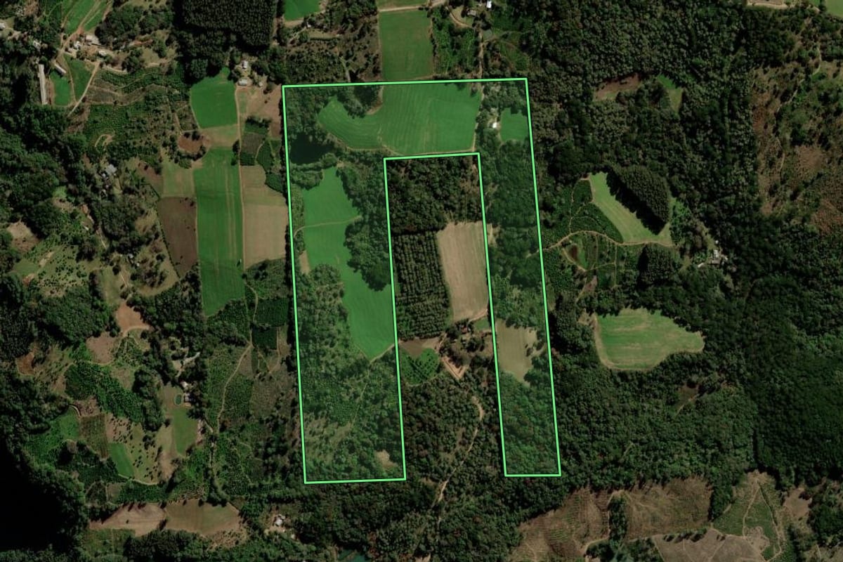Imagem de satélite do imóvel rural em Putinga (RS), com o contorno declarado no CAR desenhado por cima.