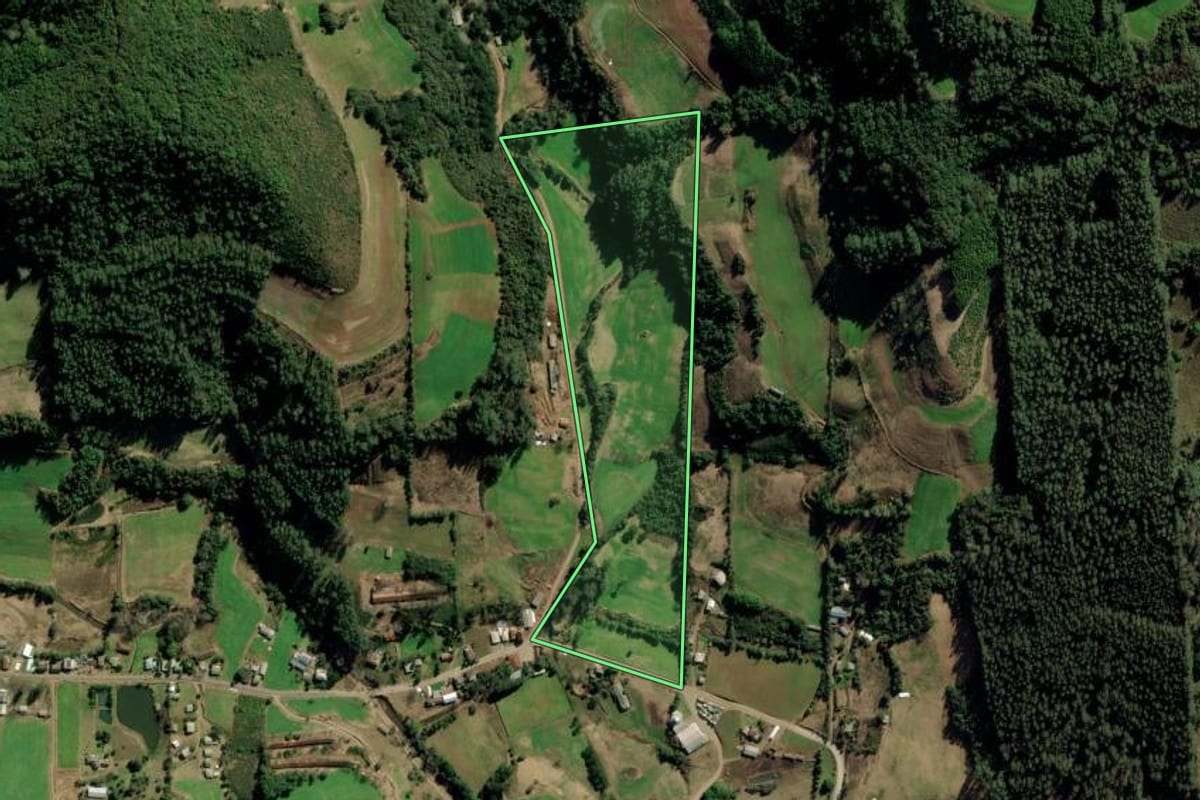 Imagem de satélite do imóvel rural em Putinga (RS), com o contorno declarado no CAR desenhado por cima.