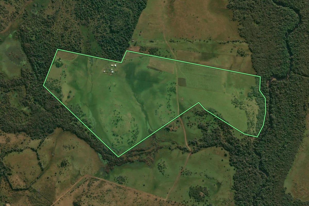 Imagem de satélite do imóvel rural em Quaraí (RS), com o contorno declarado no CAR desenhado por cima.