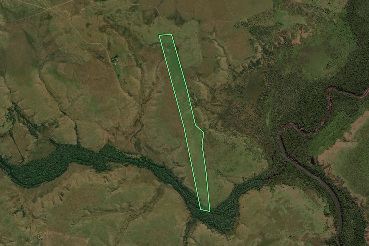 Imagem de satélite do imóvel rural em Quaraí (RS), com o contorno declarado no CAR desenhado por cima.