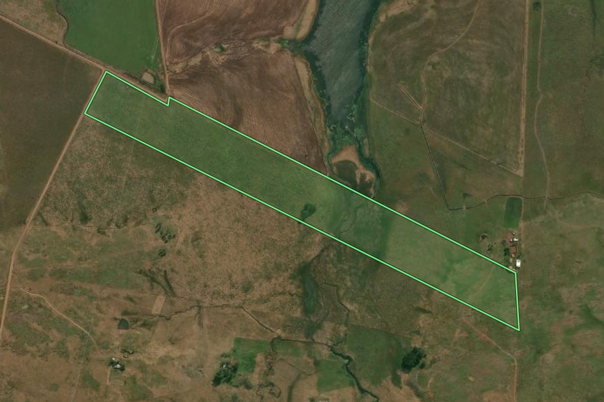 Imagem de satélite do imóvel rural em Quaraí (RS), com o contorno declarado no CAR desenhado por cima.
