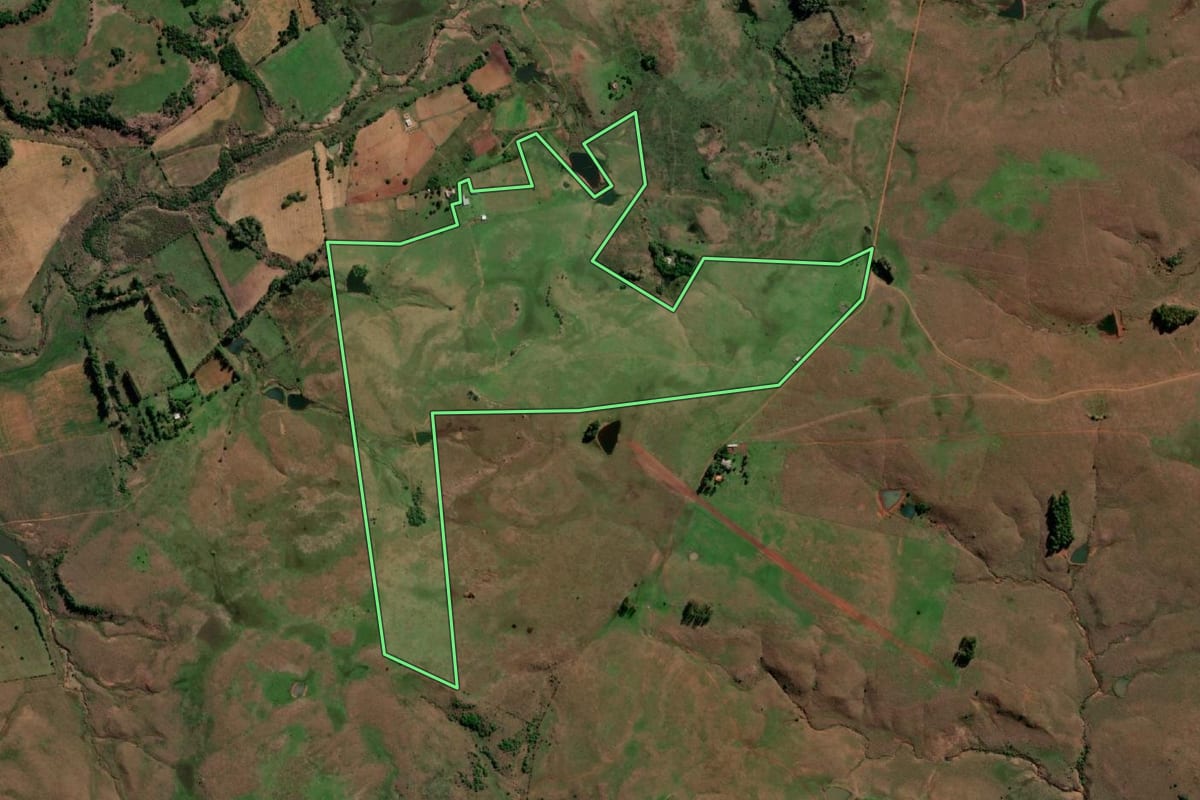 Imagem de satélite do imóvel rural em Quaraí (RS), com o contorno declarado no CAR desenhado por cima.