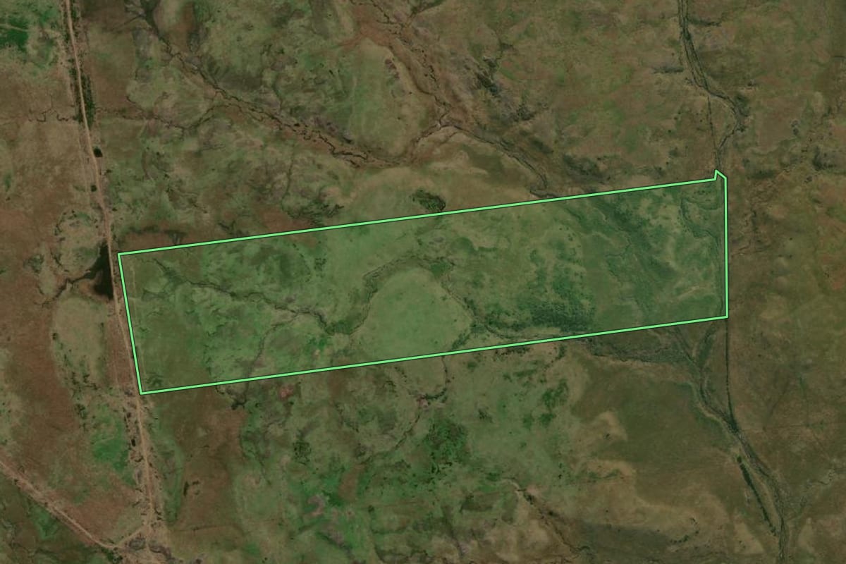 Imagem de satélite do imóvel rural em Quaraí (RS), com o contorno declarado no CAR desenhado por cima.