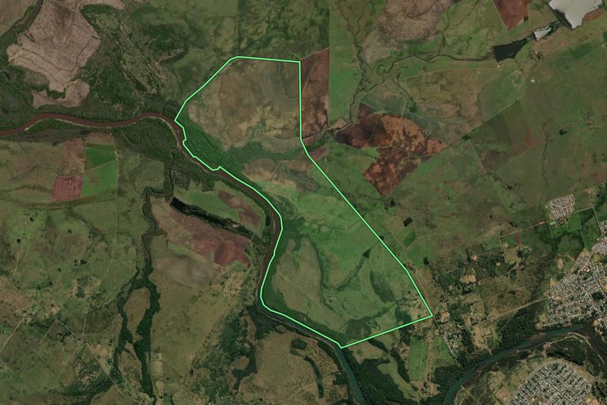 Imagem de satélite do imóvel rural em Quaraí (RS), com o contorno declarado no CAR desenhado por cima.
