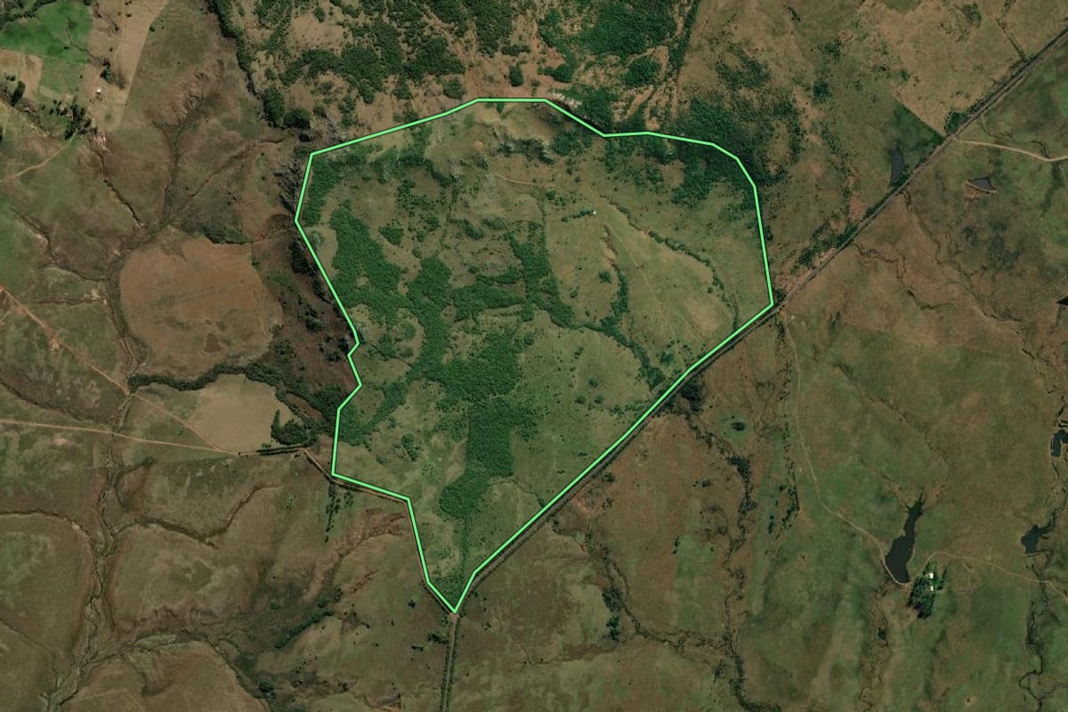 Imagem de satélite do imóvel rural em Quaraí (RS), com o contorno declarado no CAR desenhado por cima.