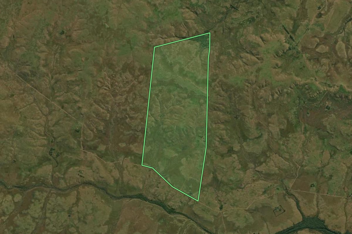 Imagem de satélite do imóvel rural em Quaraí (RS), com o contorno declarado no CAR desenhado por cima.