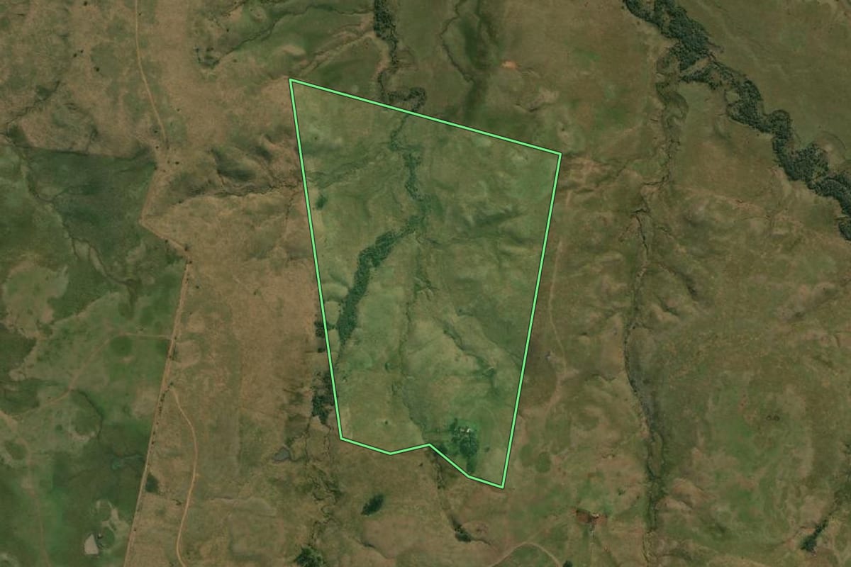 Imagem de satélite do imóvel rural em Quaraí (RS), com o contorno declarado no CAR desenhado por cima.