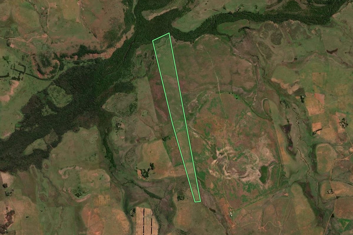 Imagem de satélite do imóvel rural em Quaraí (RS), com o contorno declarado no CAR desenhado por cima.