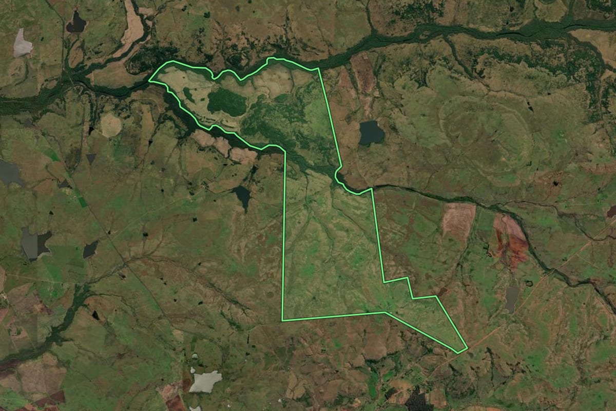 Imagem de satélite do imóvel rural em Quaraí (RS), com o contorno declarado no CAR desenhado por cima.