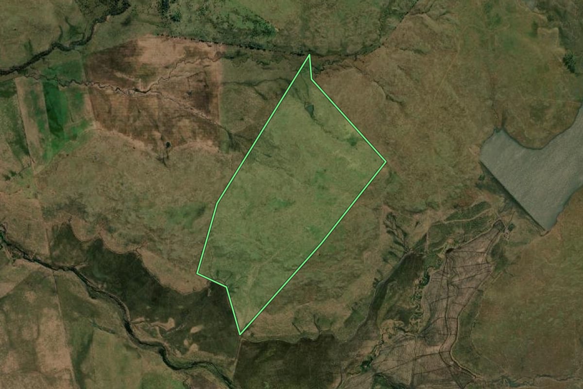 Imagem de satélite do imóvel rural em Quaraí (RS), com o contorno declarado no CAR desenhado por cima.