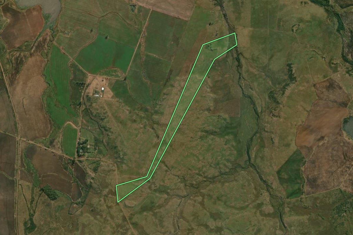 Imagem de satélite do imóvel rural em Quaraí (RS), com o contorno declarado no CAR desenhado por cima.