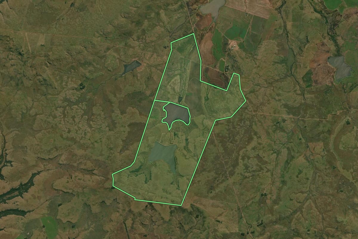 Imagem de satélite do imóvel rural em Quaraí (RS), com o contorno declarado no CAR desenhado por cima.