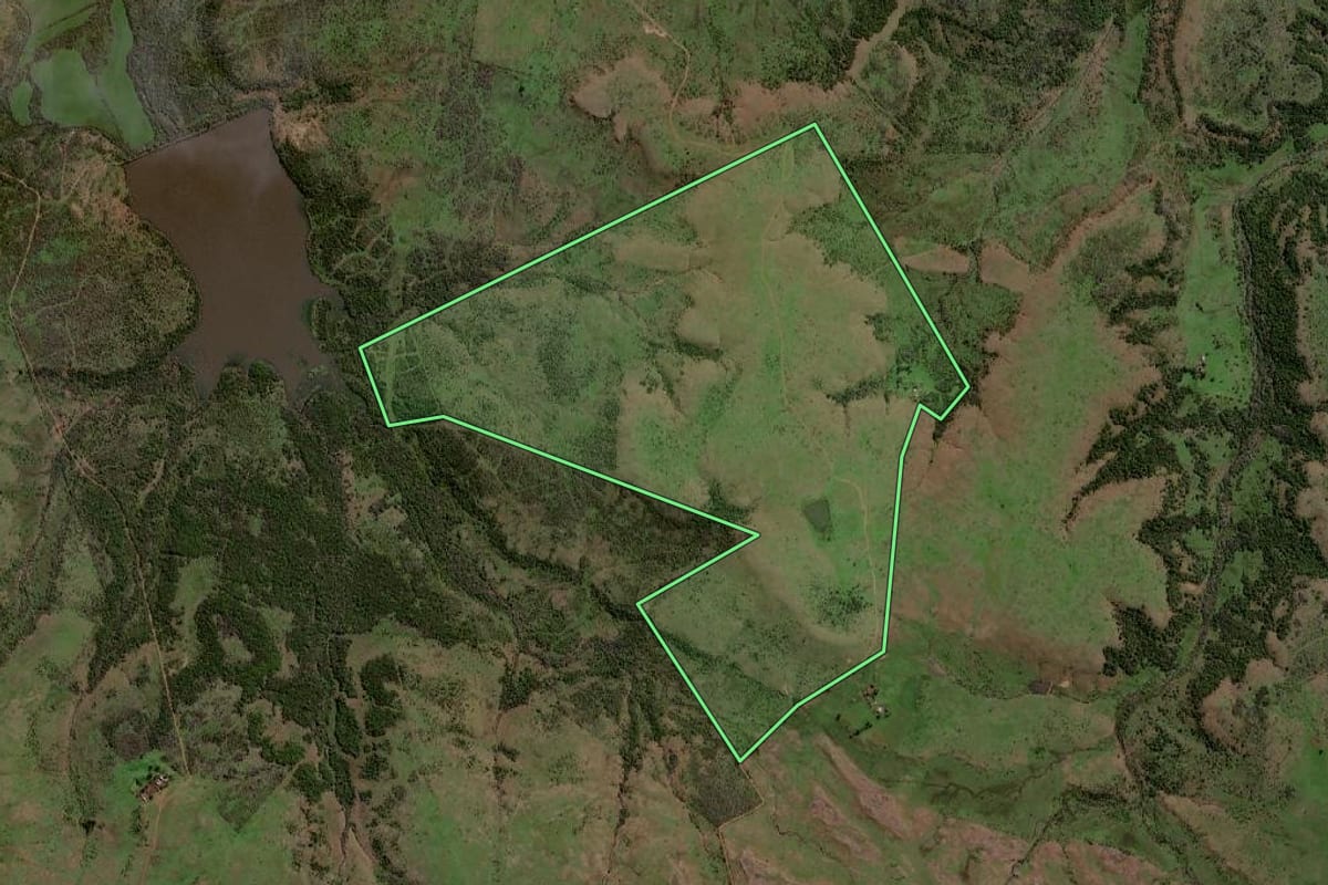 Imagem de satélite do imóvel rural em Quaraí (RS), com o contorno declarado no CAR desenhado por cima.