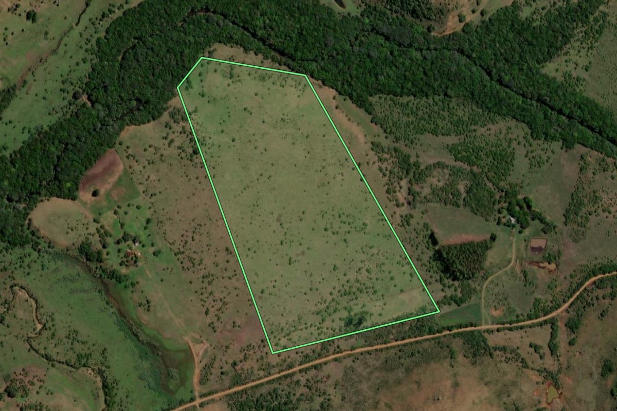 Imagem de satélite do imóvel rural em Quaraí (RS), com o contorno declarado no CAR desenhado por cima.