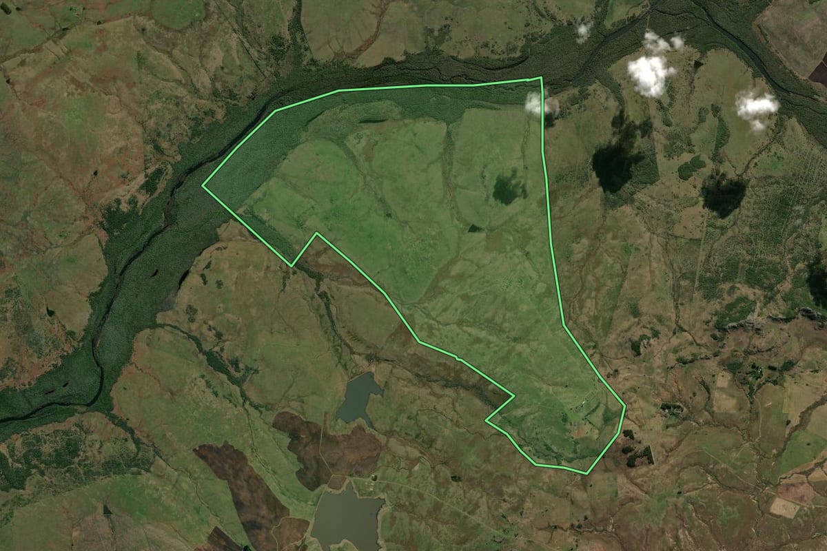 Imagem de satélite do imóvel rural em Quaraí (RS), com o contorno declarado no CAR desenhado por cima.