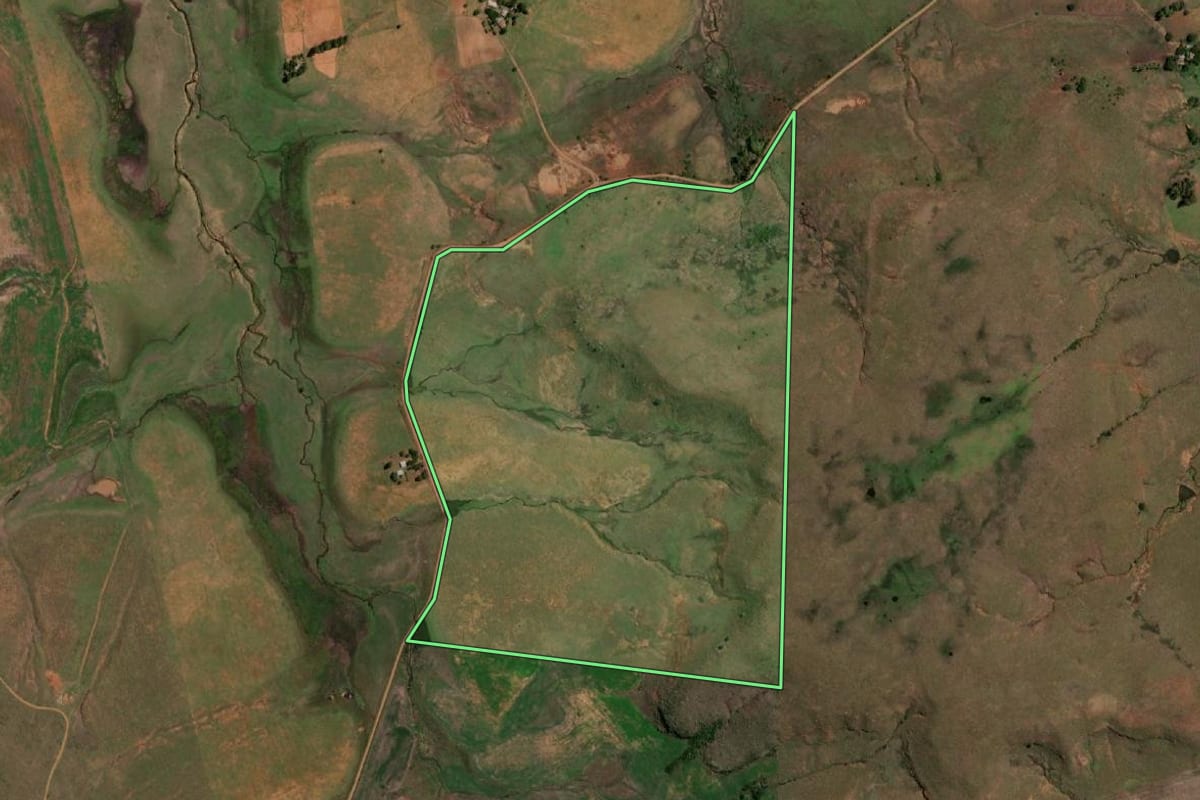 Imagem de satélite do imóvel rural em Quaraí (RS), com o contorno declarado no CAR desenhado por cima.