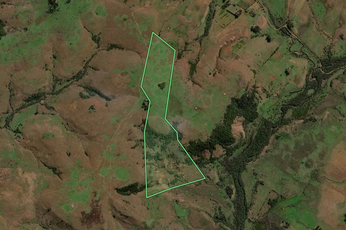 Imagem de satélite do imóvel rural em Quaraí (RS), com o contorno declarado no CAR desenhado por cima.