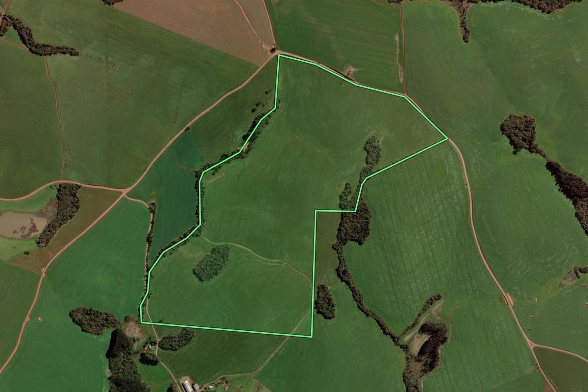 Imagem de satélite do imóvel rural em Quatro Irmãos (RS), com o contorno declarado no CAR desenhado por cima.