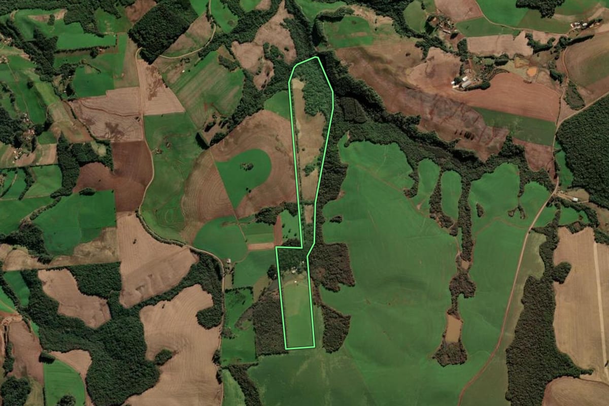 Imagem de satélite do imóvel rural em Quatro Irmãos (RS), com o contorno declarado no CAR desenhado por cima.