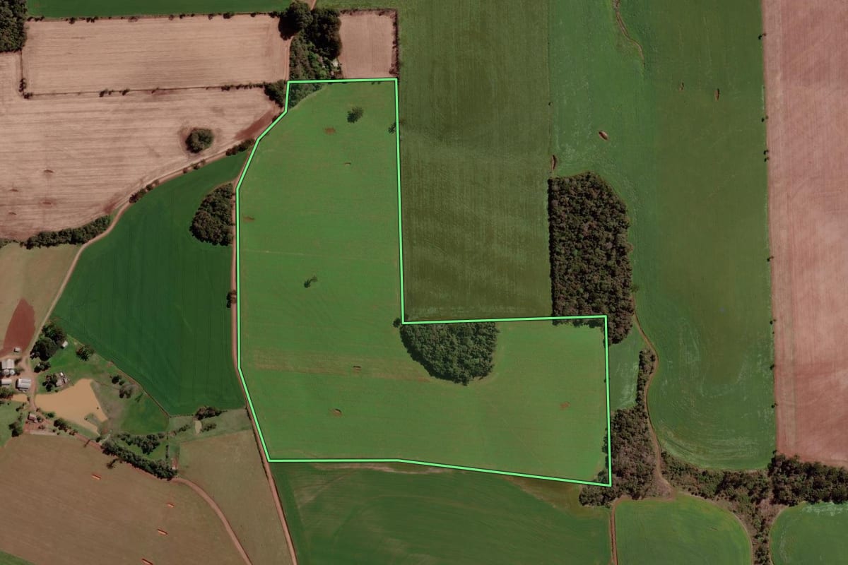 Imagem de satélite do imóvel rural em Quatro Irmãos (RS), com o contorno declarado no CAR desenhado por cima.