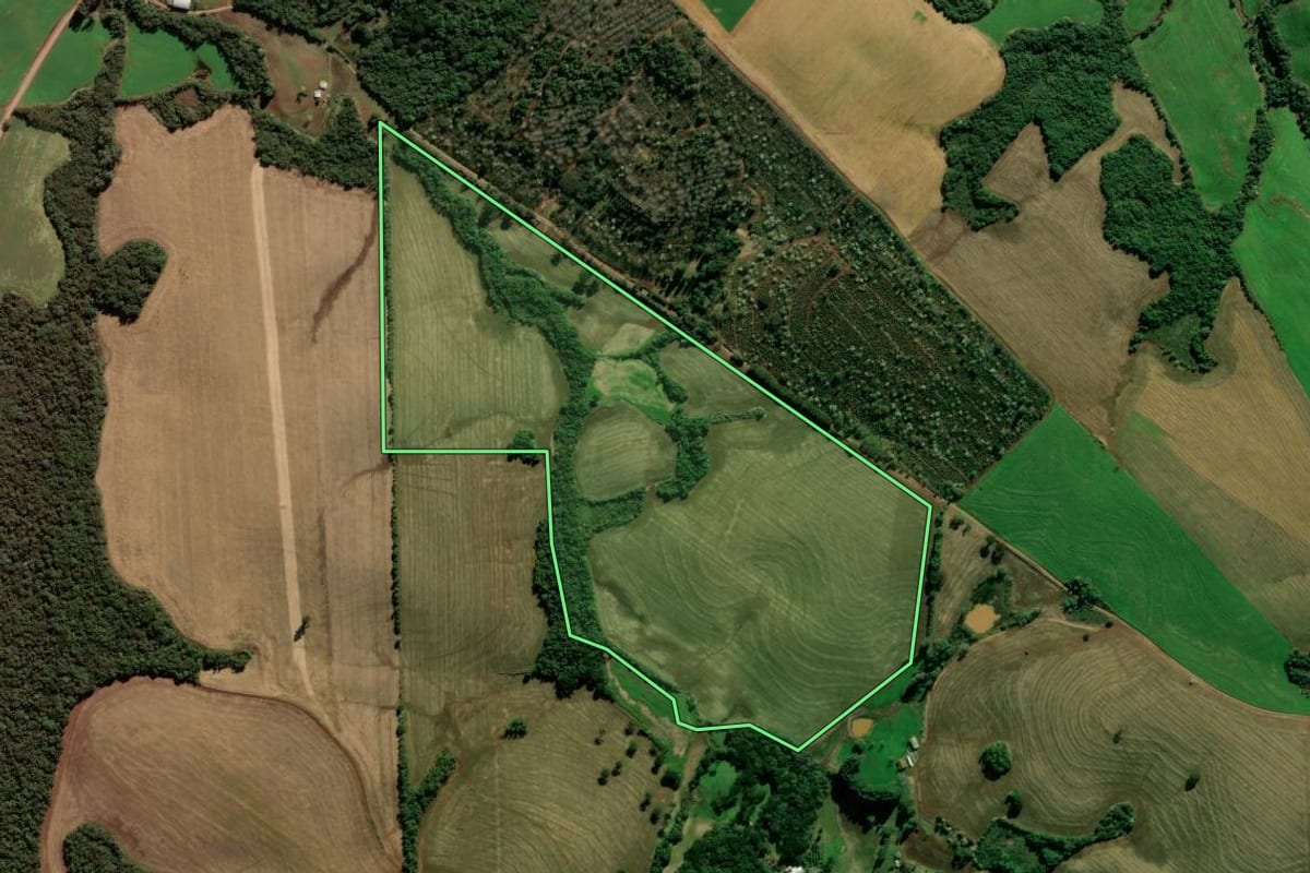 Imagem de satélite do imóvel rural em Quatro Irmãos (RS), com o contorno declarado no CAR desenhado por cima.