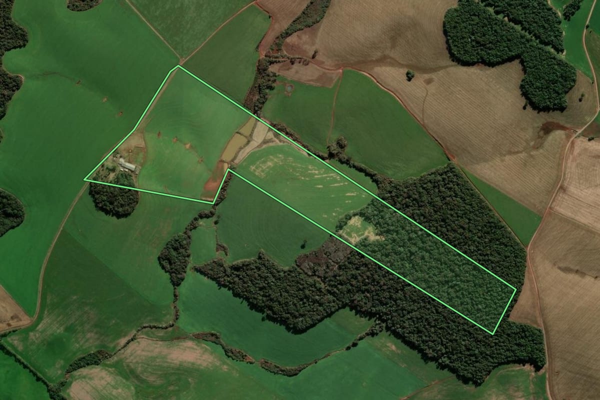 Imagem de satélite do imóvel rural em Quatro Irmãos (RS), com o contorno declarado no CAR desenhado por cima.