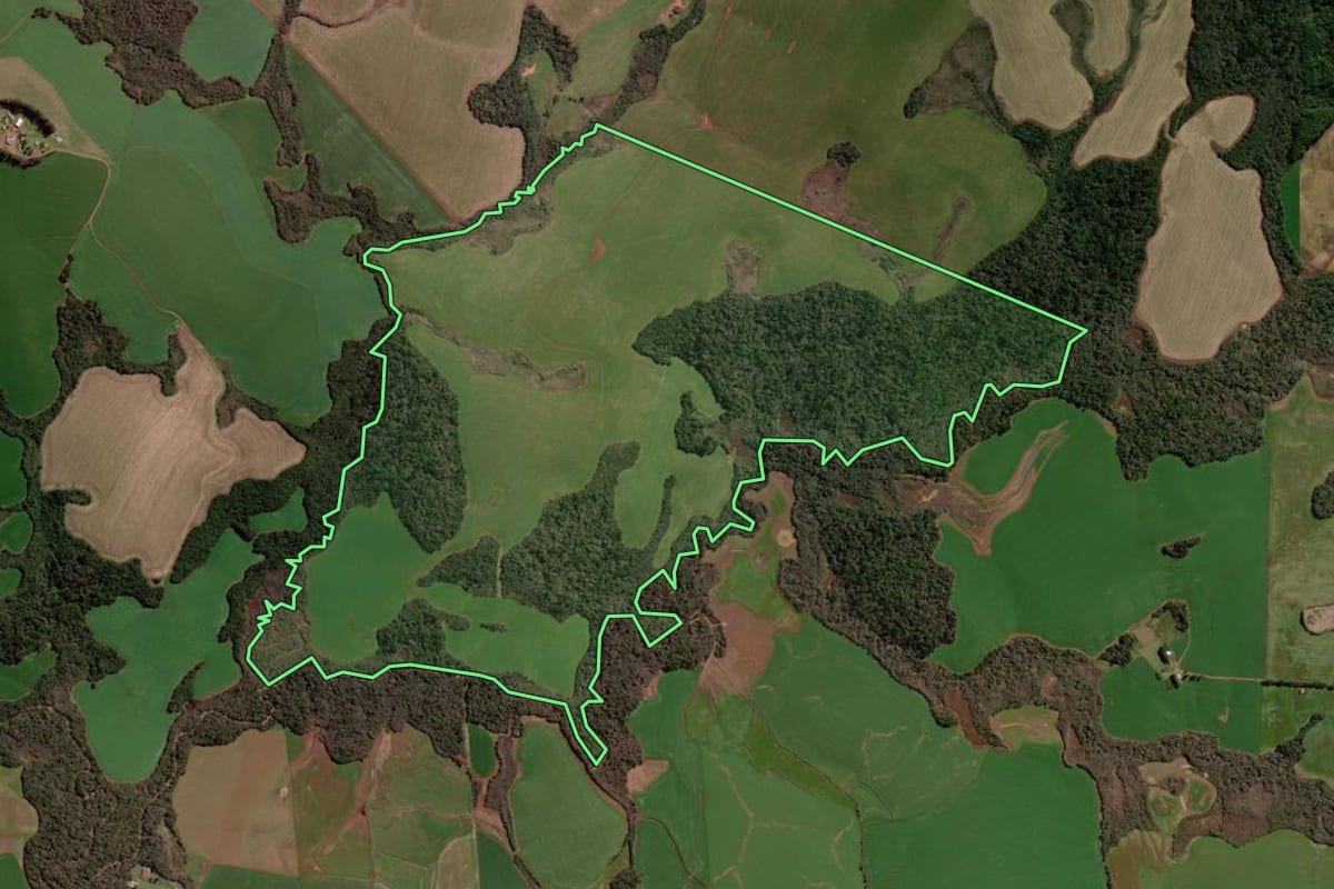 Imagem de satélite do imóvel rural em Quatro Irmãos (RS), com o contorno declarado no CAR desenhado por cima.