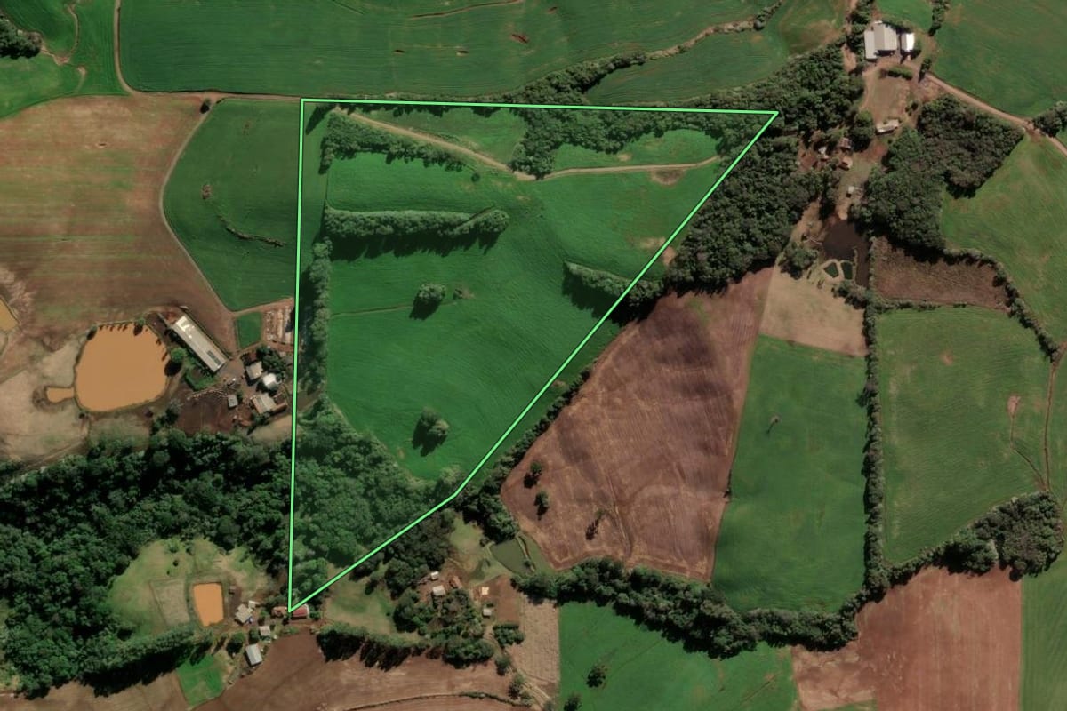 Imagem de satélite do imóvel rural em Quatro Irmãos (RS), com o contorno declarado no CAR desenhado por cima.