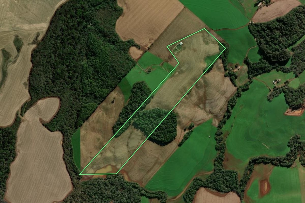Imagem de satélite do imóvel rural em Quatro Irmãos (RS), com o contorno declarado no CAR desenhado por cima.