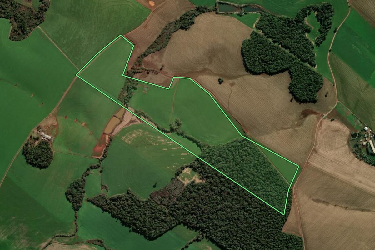 Imagem de satélite do imóvel rural em Quatro Irmãos (RS), com o contorno declarado no CAR desenhado por cima.