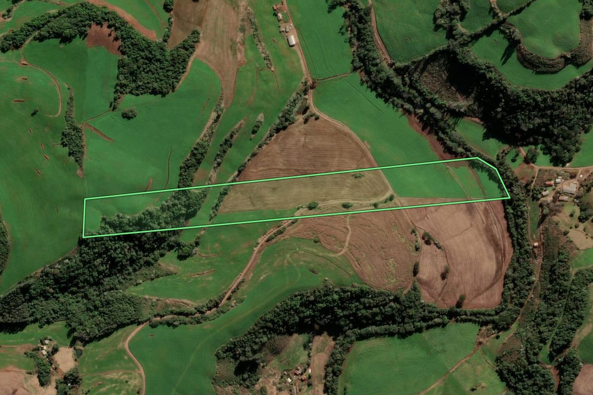 Imagem de satélite do imóvel rural em Quatro Irmãos (RS), com o contorno declarado no CAR desenhado por cima.