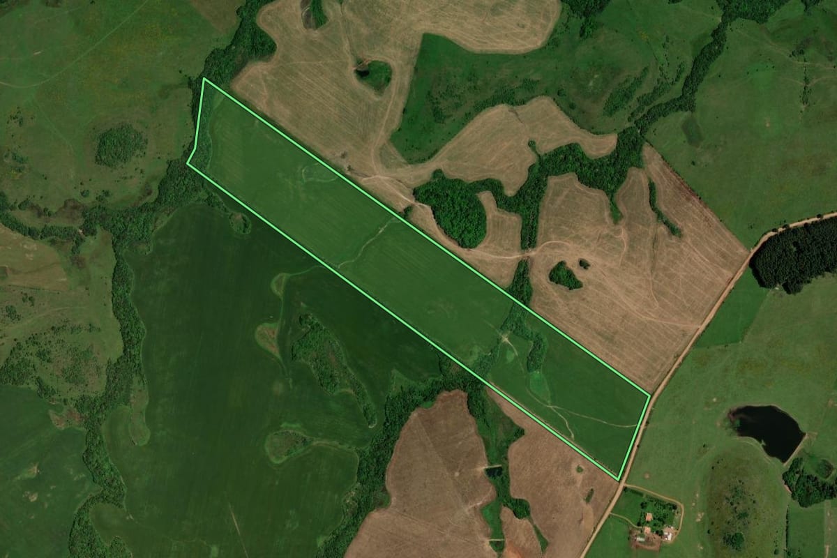 Imagem de satélite do imóvel rural em Quevedos (RS), com o contorno declarado no CAR desenhado por cima.