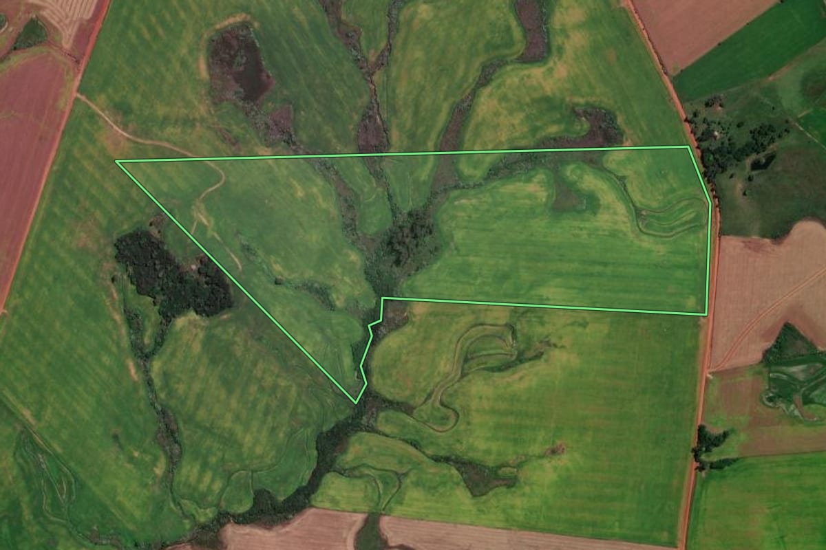 Imagem de satélite do imóvel rural em Quevedos (RS), com o contorno declarado no CAR desenhado por cima.