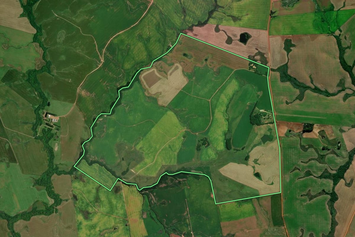 Imagem de satélite do imóvel rural em Quevedos (RS), com o contorno declarado no CAR desenhado por cima.