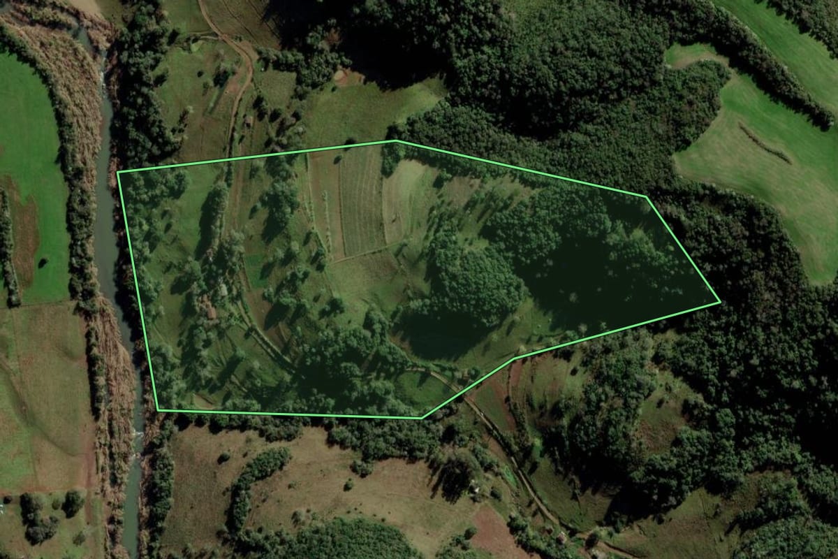 Imagem de satélite do imóvel rural em Quevedos (RS), com o contorno declarado no CAR desenhado por cima.