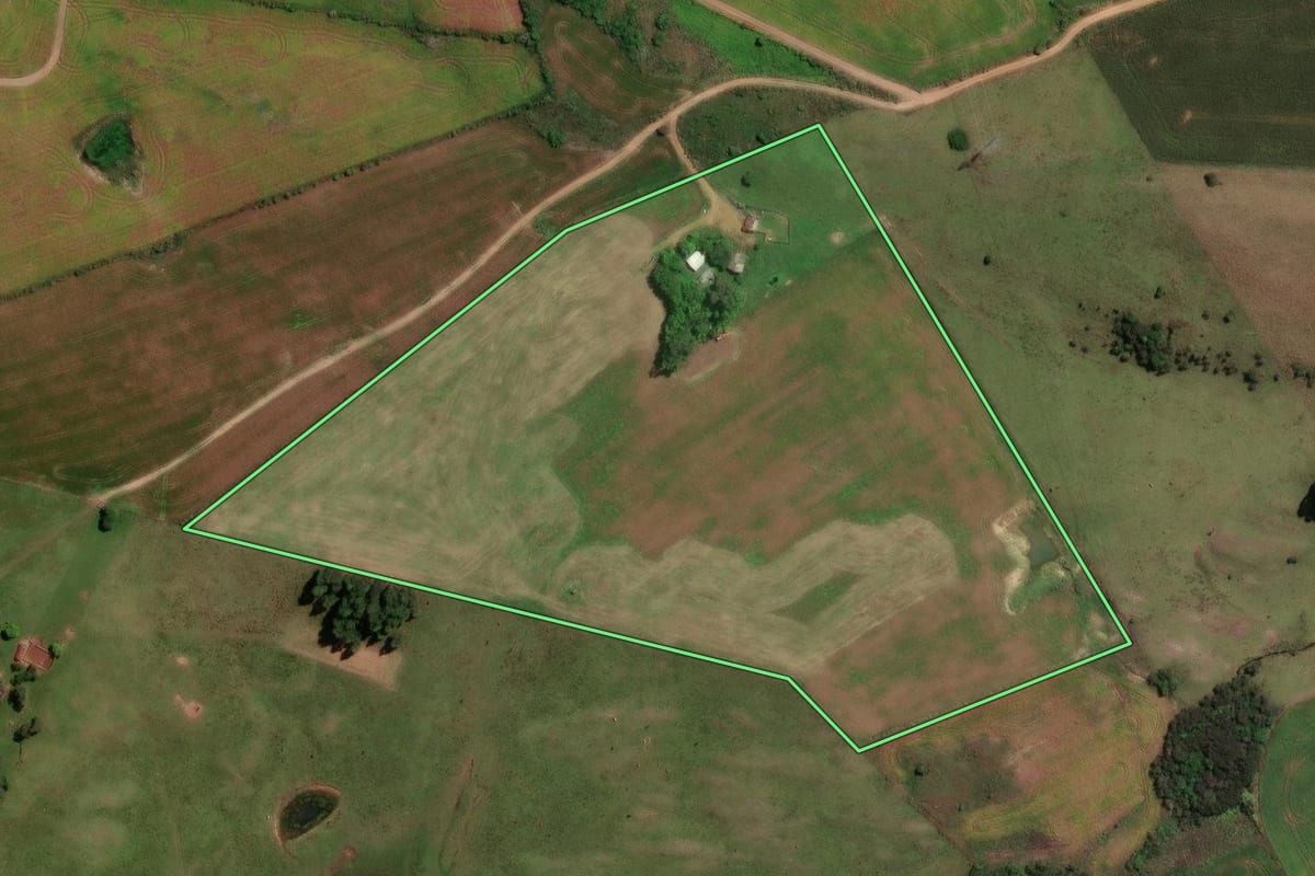 Imagem de satélite do imóvel rural em Quevedos (RS), com o contorno declarado no CAR desenhado por cima.