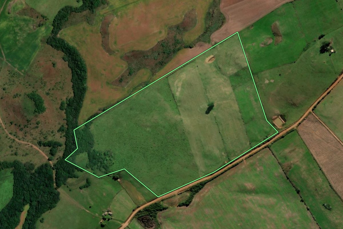 Imagem de satélite do imóvel rural em Quevedos (RS), com o contorno declarado no CAR desenhado por cima.