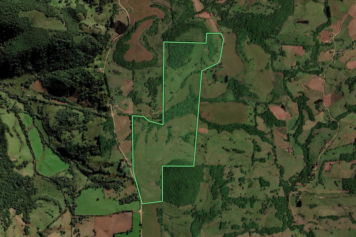 Imagem de satélite do imóvel rural em Quevedos (RS), com o contorno declarado no CAR desenhado por cima.