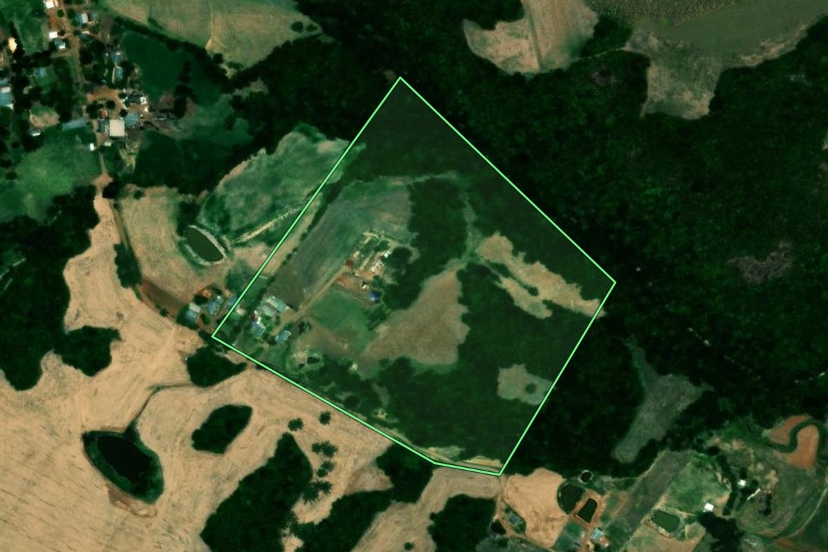 Imagem de satélite do imóvel rural em Quinze de Novembro (RS), com o contorno declarado no CAR desenhado por cima.