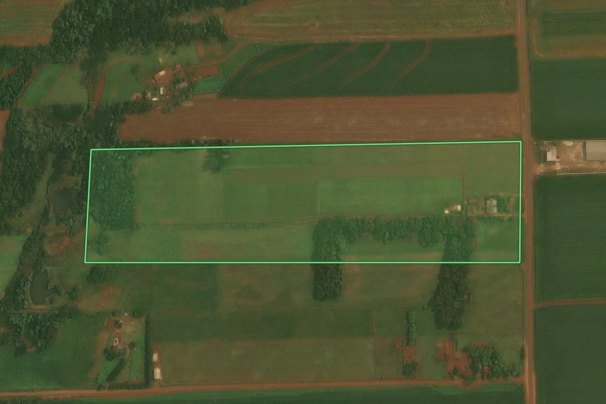 Imagem de satélite do imóvel rural em Quinze de Novembro (RS), com o contorno declarado no CAR desenhado por cima.