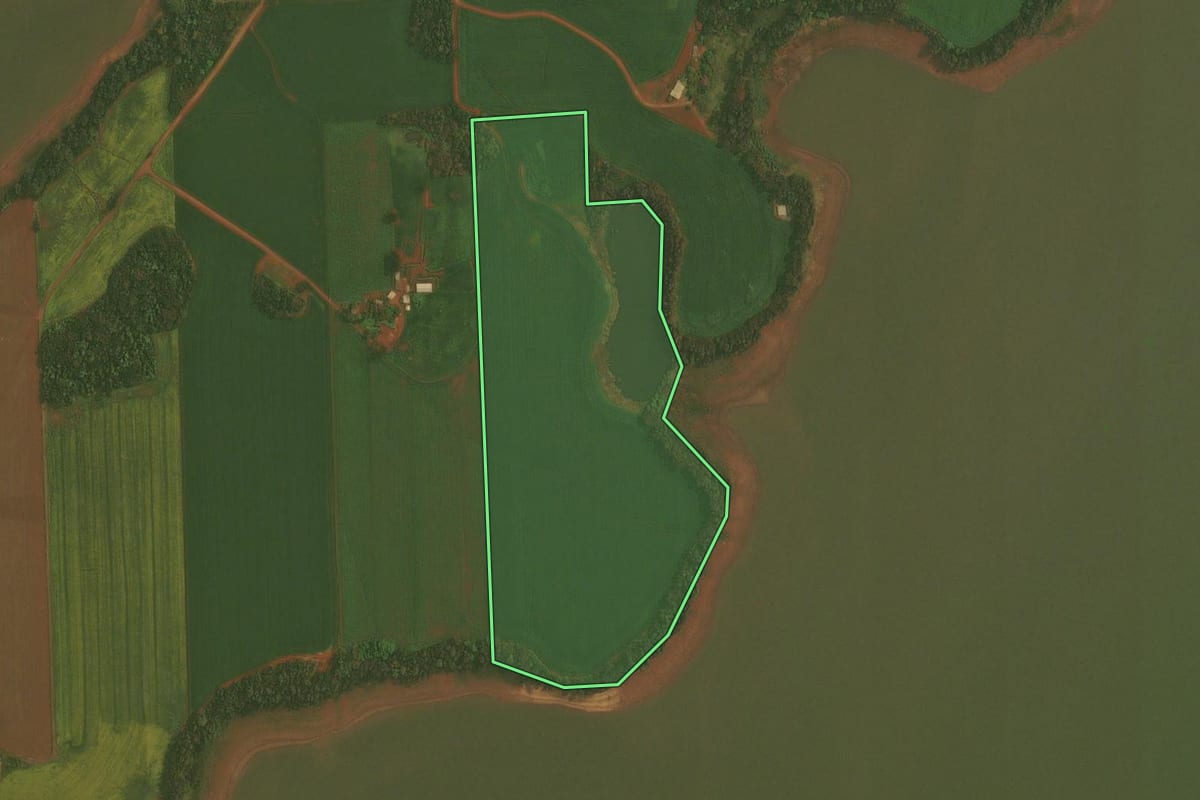 Imagem de satélite do imóvel rural em Quinze de Novembro (RS), com o contorno declarado no CAR desenhado por cima.