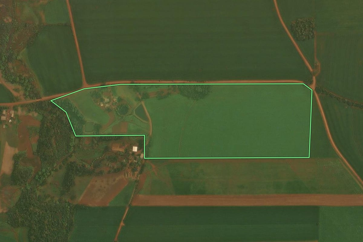 Imagem de satélite do imóvel rural em Quinze de Novembro (RS), com o contorno declarado no CAR desenhado por cima.