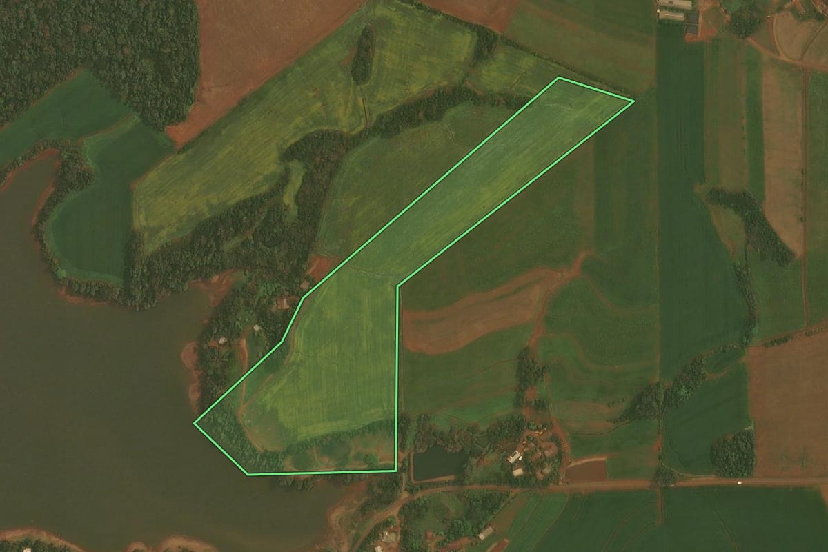 Imagem de satélite do imóvel rural em Quinze de Novembro (RS), com o contorno declarado no CAR desenhado por cima.