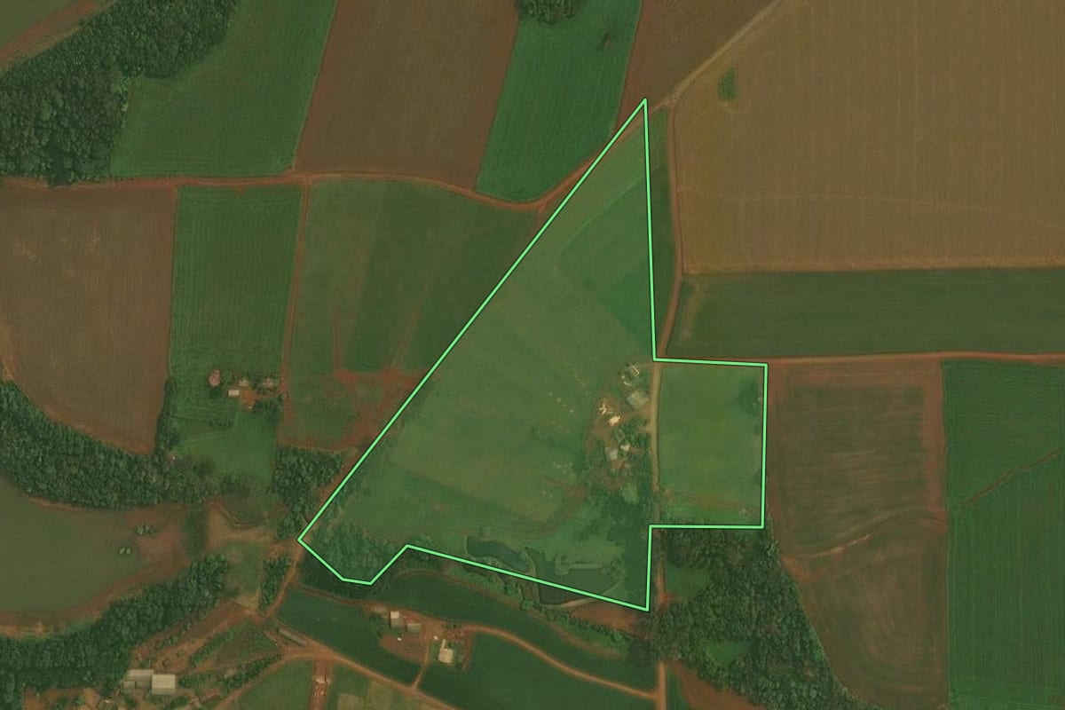 Imagem de satélite do imóvel rural em Quinze de Novembro (RS), com o contorno declarado no CAR desenhado por cima.