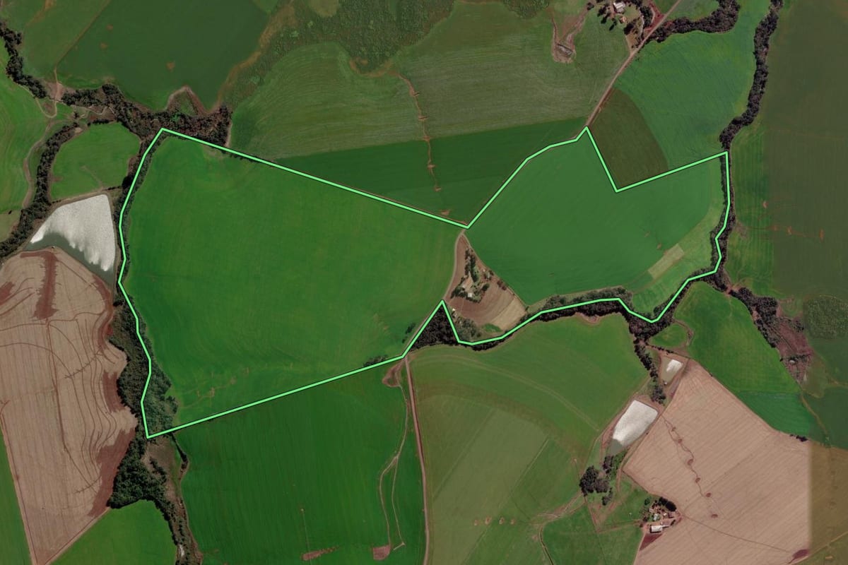 Imagem de satélite do imóvel rural em Quinze de Novembro (RS), com o contorno declarado no CAR desenhado por cima.